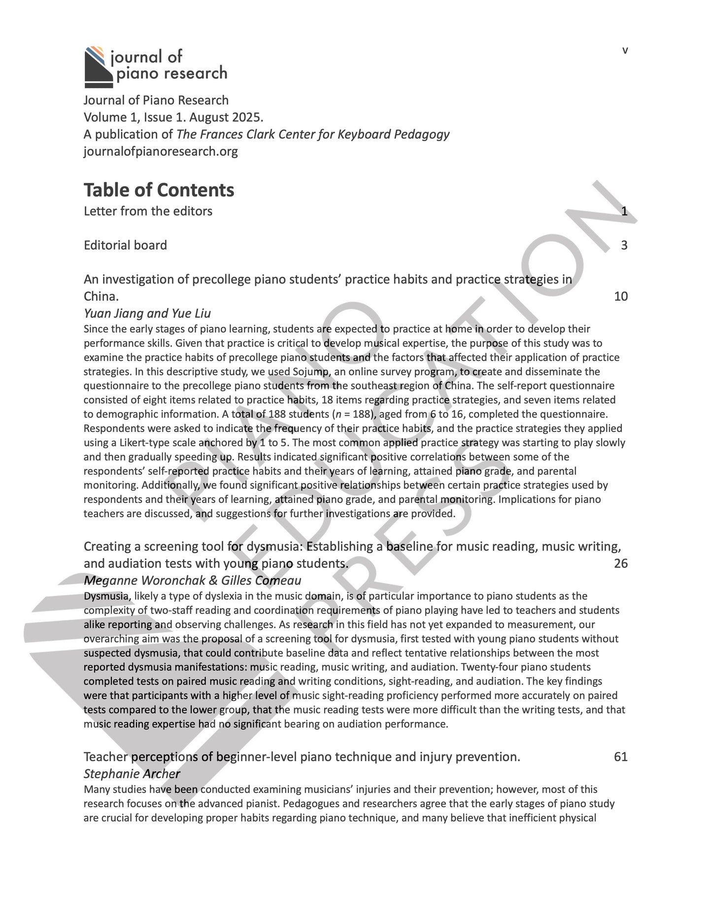 Journal of Piano Research: Volume 1, Issue 1