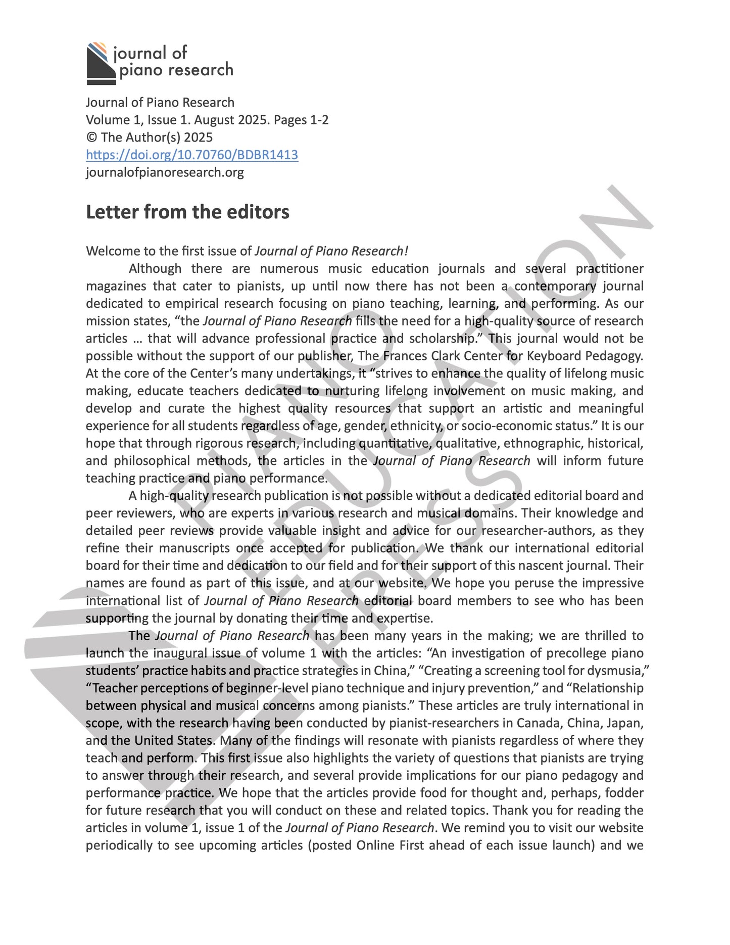 Journal of Piano Research: Volume 1, Issue 1