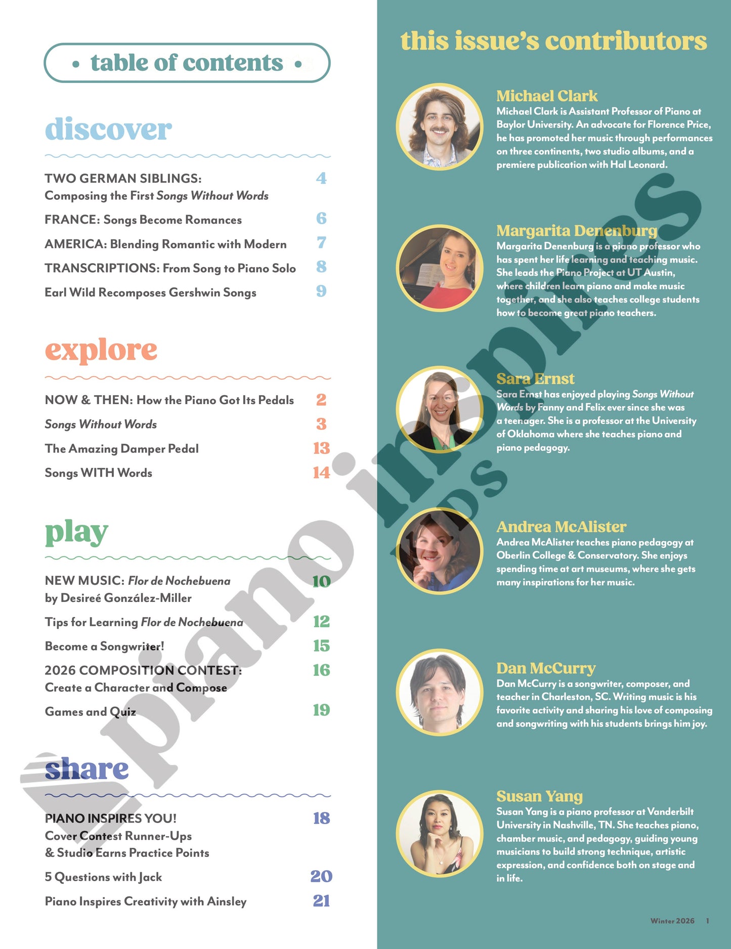 Piano Inspires Kids - Winter 2026: Songs Without Words